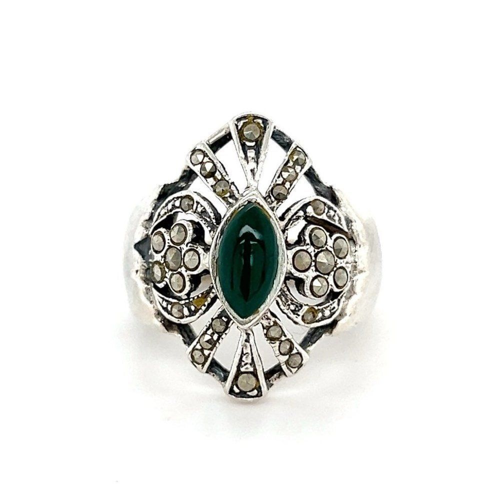 Green‎ Gem/Marcasites Sterling Silver 925 Ring